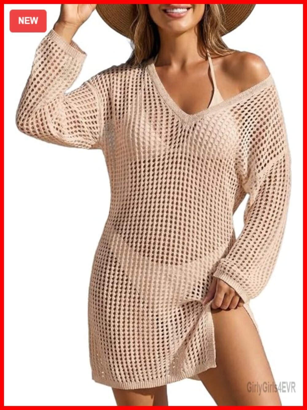 Crochet Long Sleeve Swim Cover Up Loose Fit Beach Dress